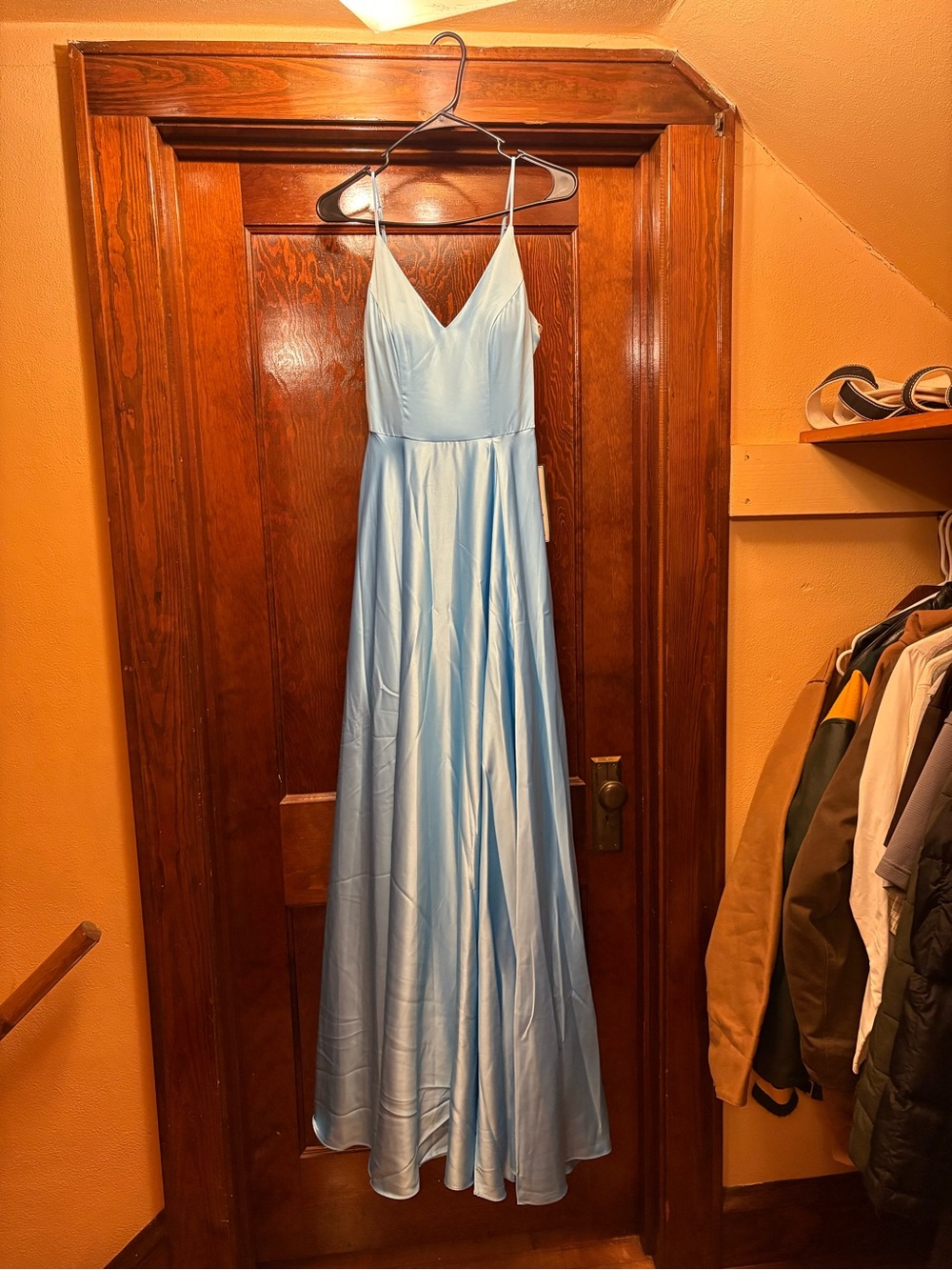 B Darlin Light Blue Satin Maxi Dress with Spaghetti Straps